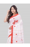DESH BIDESH Women`s Bengali Khesh Pure Cotton Handloom Saree Trinayani Durga Designed With Blouse Piece (White Red)